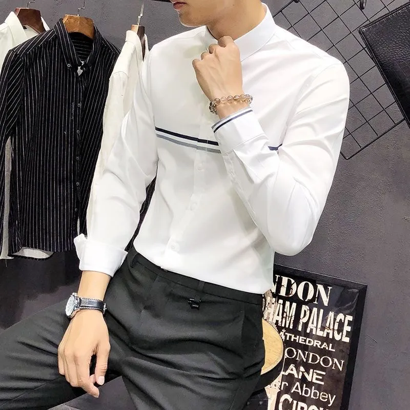 Mandarin Collar Formal Shirt Slim Fit - Мужская рубашка с воротником-мандарином, длинным рукавом,