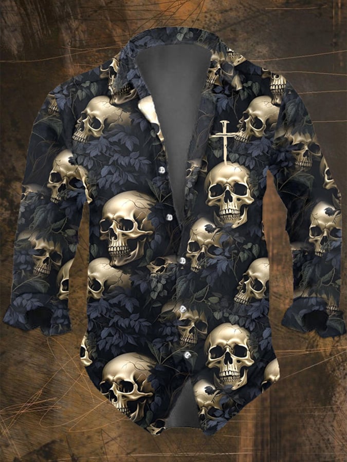 Vintage Hawaiian Floral Shirt - Halloween Men's Dark Skull Prints Long