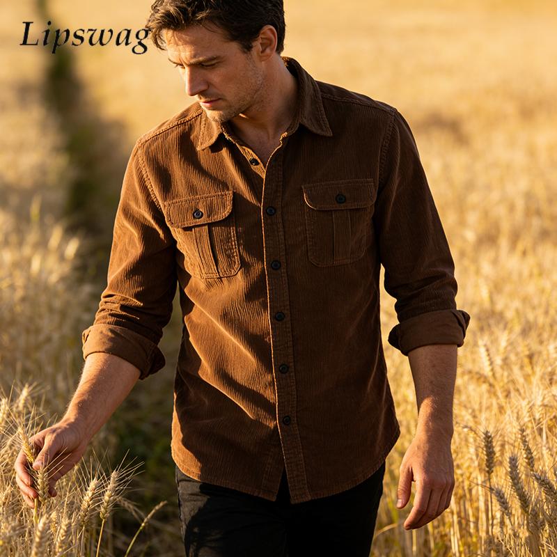 Corduroy Button Up Shirt Men - Винтажные однотонные вельветовые куртки-рубашки, мужская модная