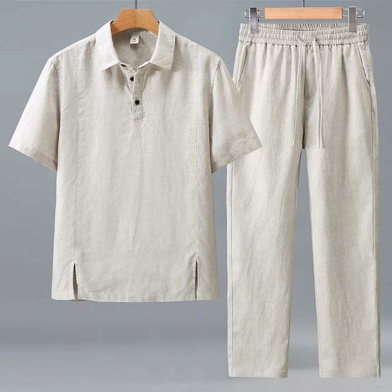 Mens Linen Shirt Long Sleeve - Весенне-летний модный ретро-спортивный комплект: футболка с