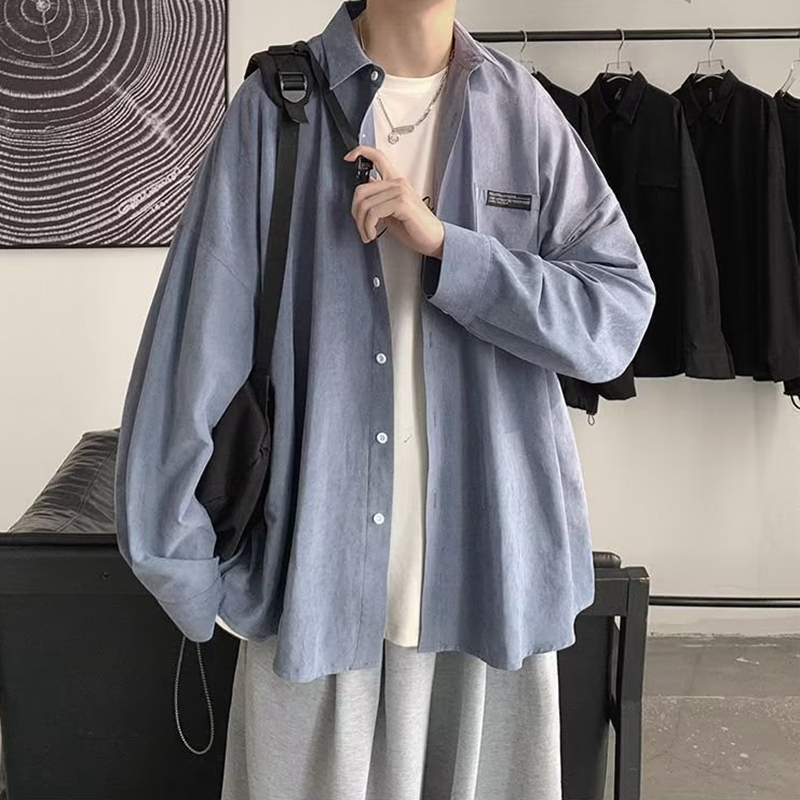 Corduroy Button Up Shirt Men - Корейская мода, черные рубашки с длинным