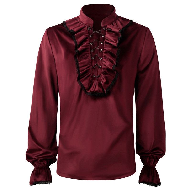 Medieval Gothic Lace Up Pirate Shirt - Рубашка мужская с оборками и рукавами-фонариками,