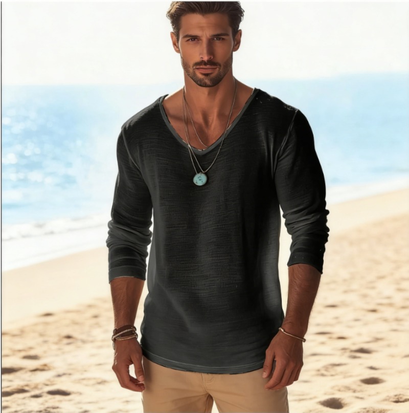 Mens Linen Shirt Long Sleeve - Мужская повседневная футболка с V-образным вырезом