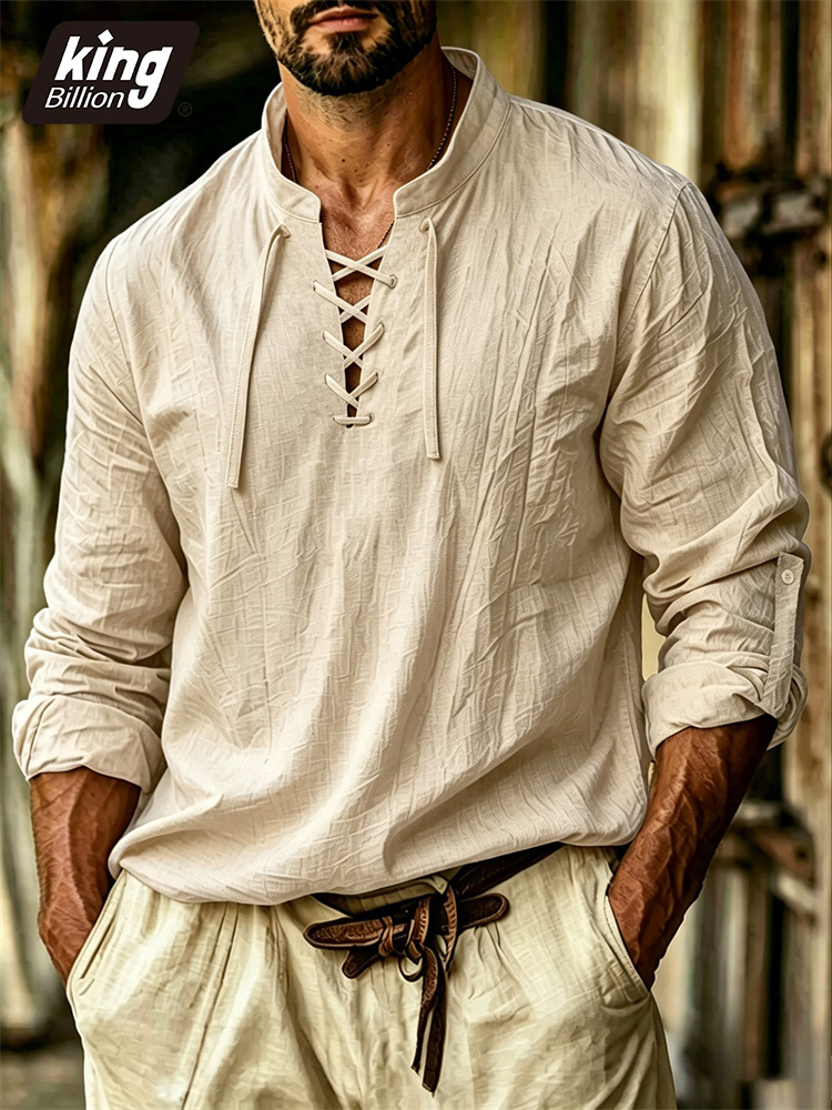 Medieval Gothic Lace Up Pirate Shirt - Мужская футболка с V-образным вырезом в