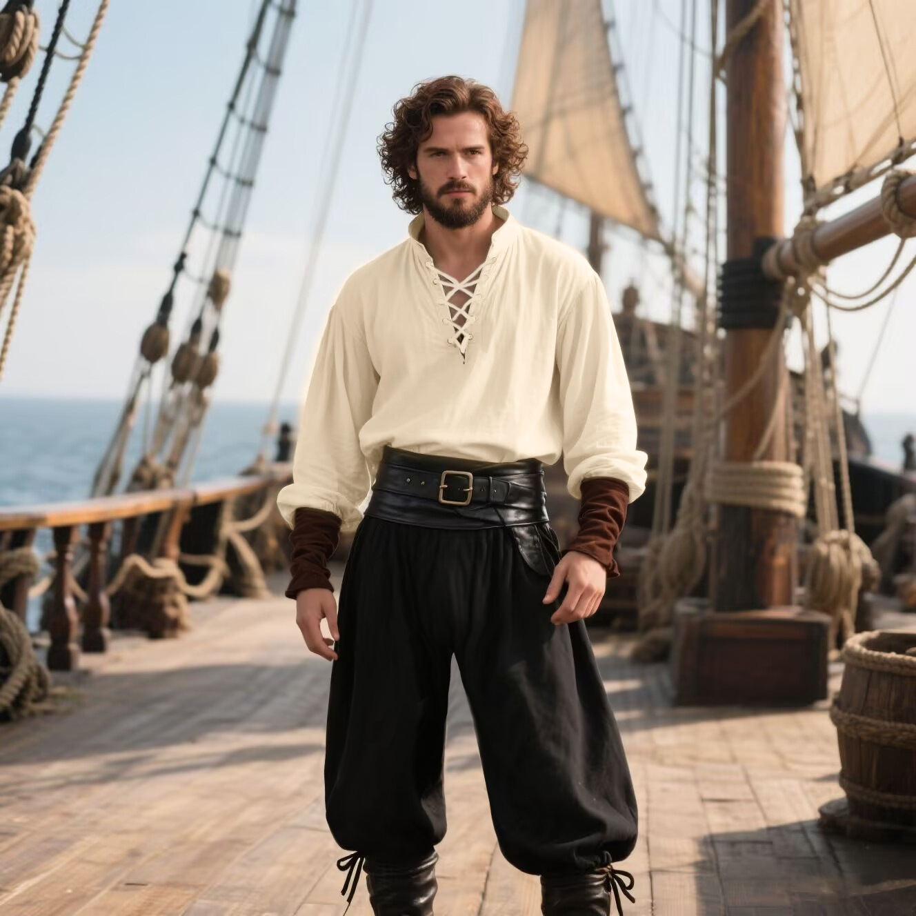 Medieval Gothic Lace Up Pirate Shirt - Мужской костюм пирата на Хэллоуин: средневековая