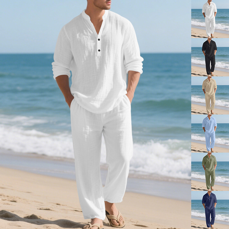 Mens Linen Shirt Long Sleeve - Льняной осенний новый мужской костюм в