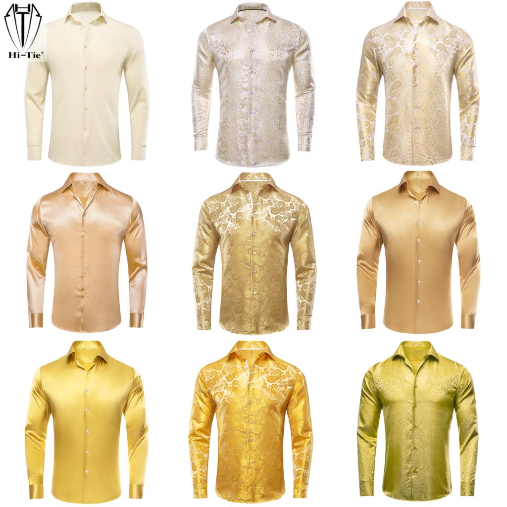 Mens Satin Silk Dress Shirt - Hi-Tie, золотистые, бежевые, цвета слоновой кости,