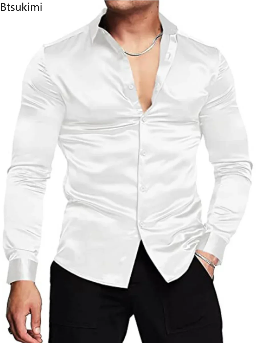 Mens Satin Silk Dress Shirt - Новинка 2026, мужская роскошная блестящая шелковая