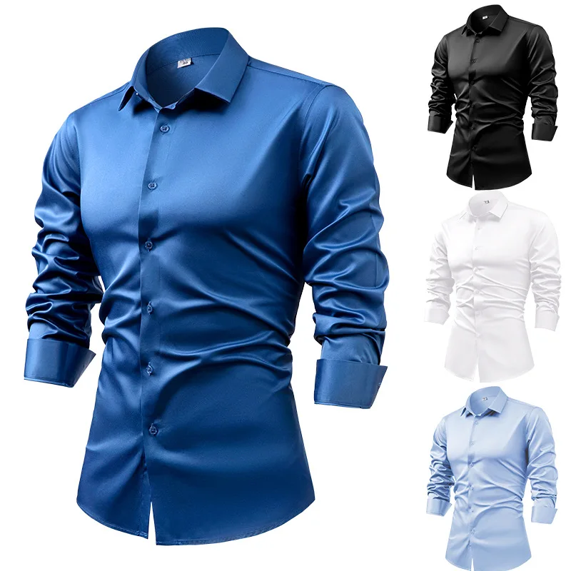 Весна-Осень 2022, королевские  – обзор и цена Mens Satin Silk Dress Shirt