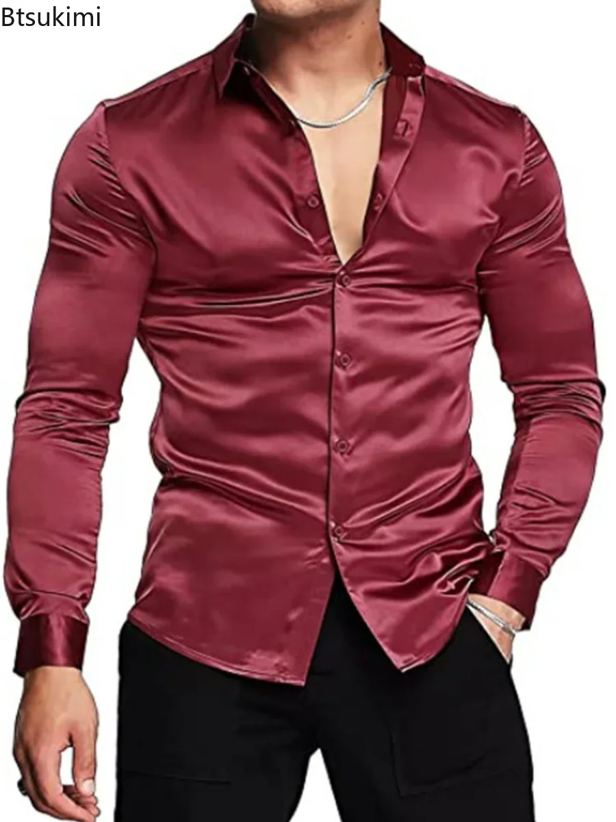 Новинка 2026, мужская роскошна – обзор и цена Mens Satin Silk Dress Shirt