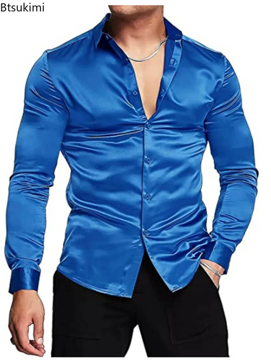 Новинка 2026, мужская роскошна – обзор и цена Mens Satin Silk Dress Shirt