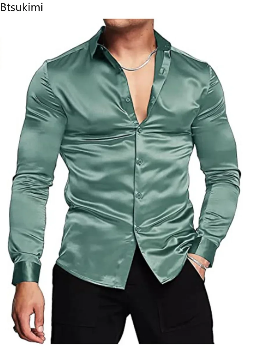 Новинка 2026, мужская роскошна – обзор и цена Mens Satin Silk Dress Shirt